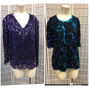 Adrian/Laurence Kazar,2 Blouses Cocktails Party,Sz L,Purple,Blue $38Each,Sequin!